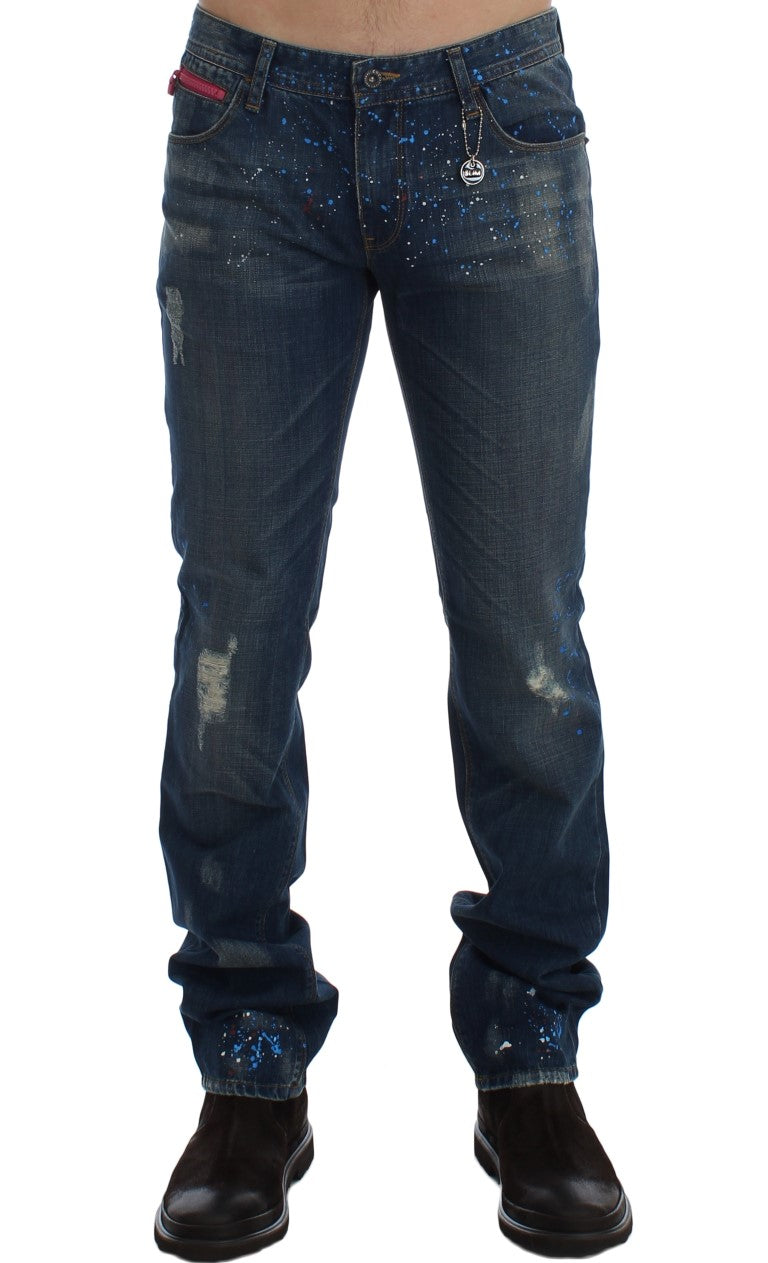 Costume National Blaue Waschung Paint Slim Fit Hose Jeans