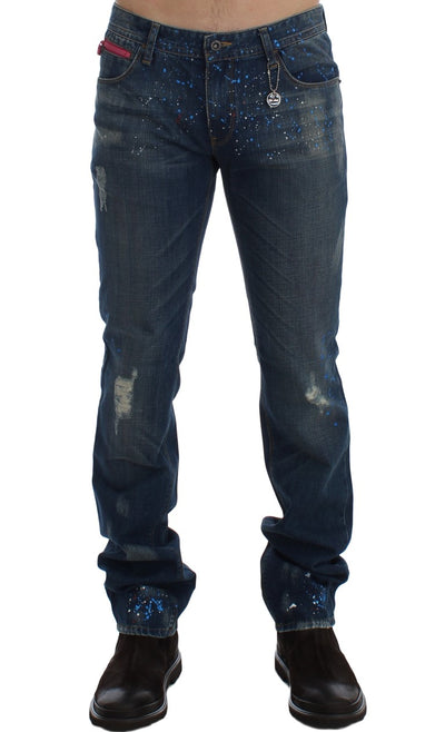 Costume National Blaue Waschung Paint Slim Fit Hose Jeans