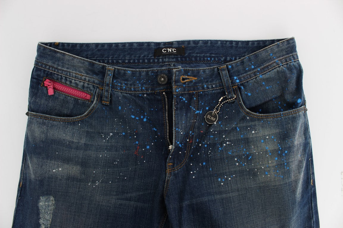 Costume National Blaue Waschung Paint Slim Fit Hose Jeans