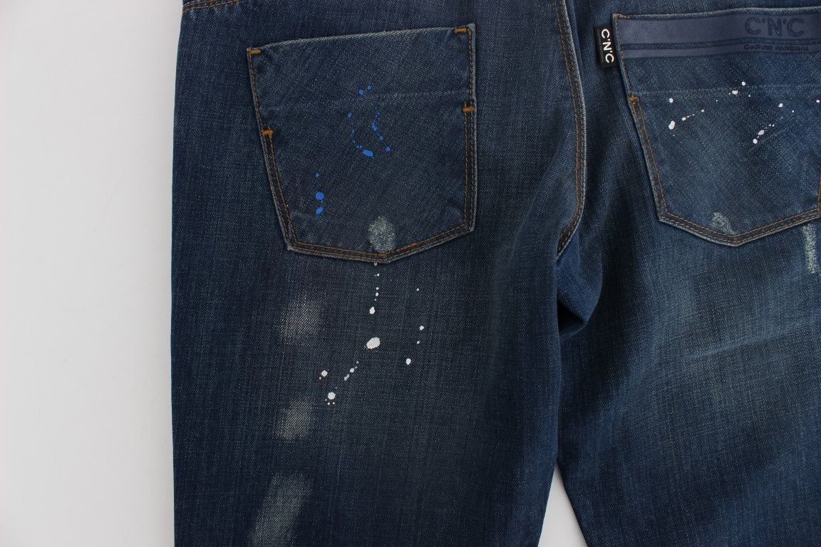 Costume National Blaue Waschung Paint Slim Fit Hose Jeans