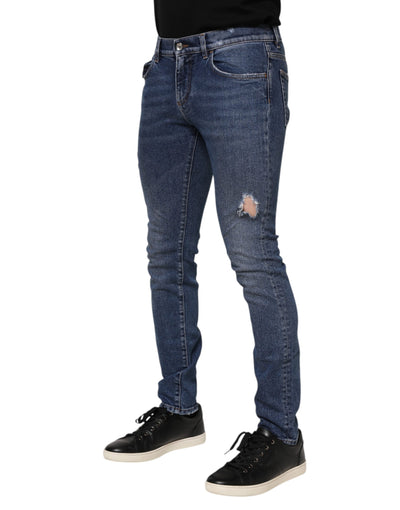 Dolce & Gabbana Blaue gewaschene Skinny Denim-Jeans aus zerrissener Baumwolle