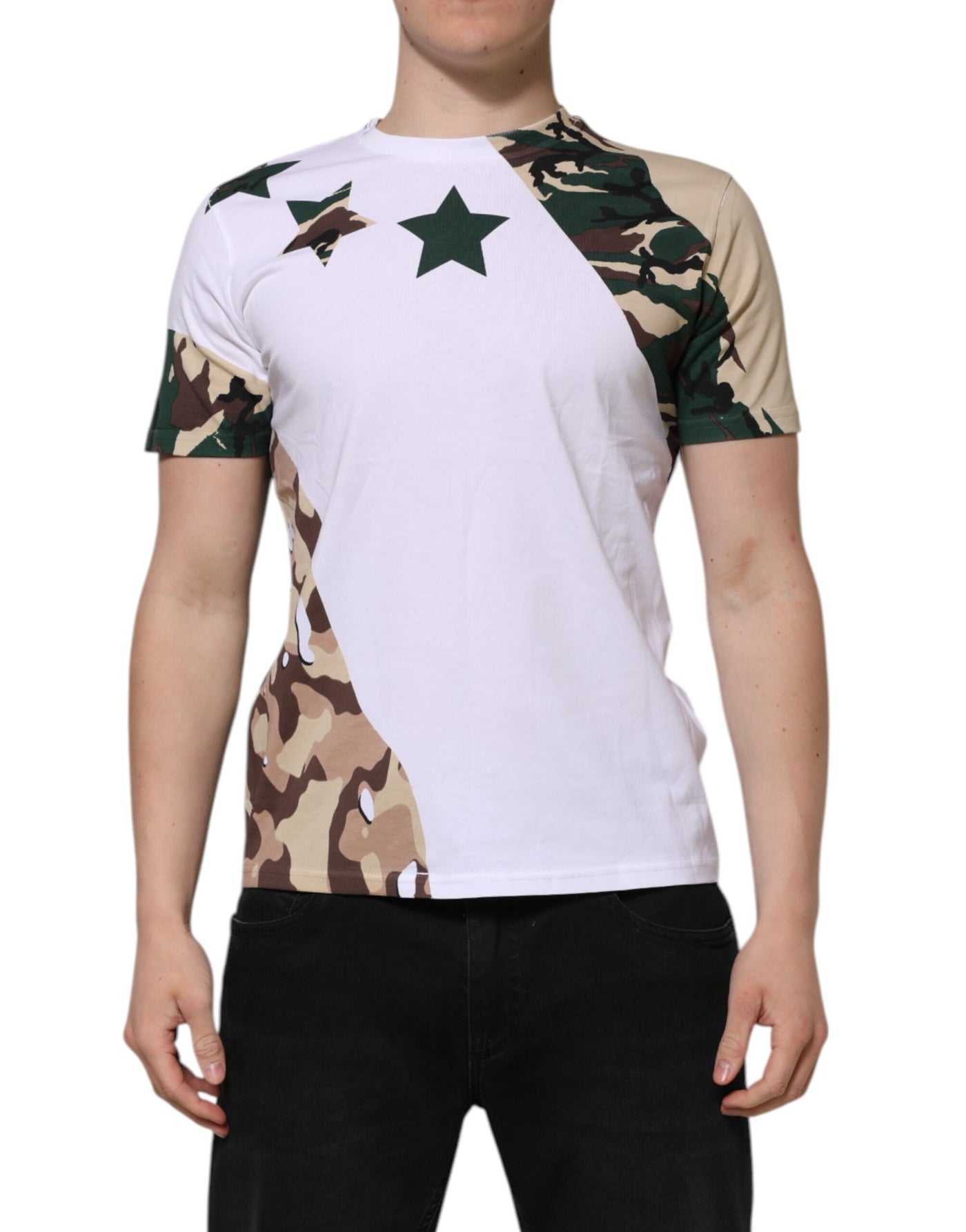 Dolce & Gabbana Weißes Camouflage-Baumwoll-T-Shirt mit Rundhalsausschnitt für Männer