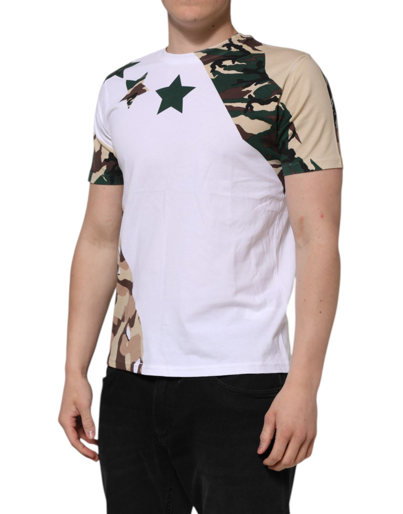 Dolce & Gabbana Weißes Camouflage-Baumwoll-T-Shirt mit Rundhalsausschnitt für Männer