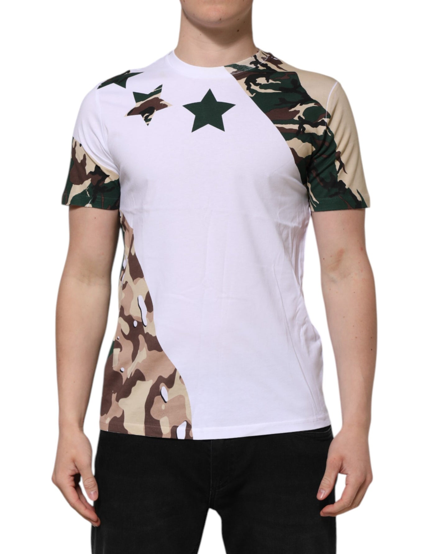 Dolce & Gabbana Weißes Camouflage-Baumwoll-T-Shirt mit Rundhalsausschnitt für Männer