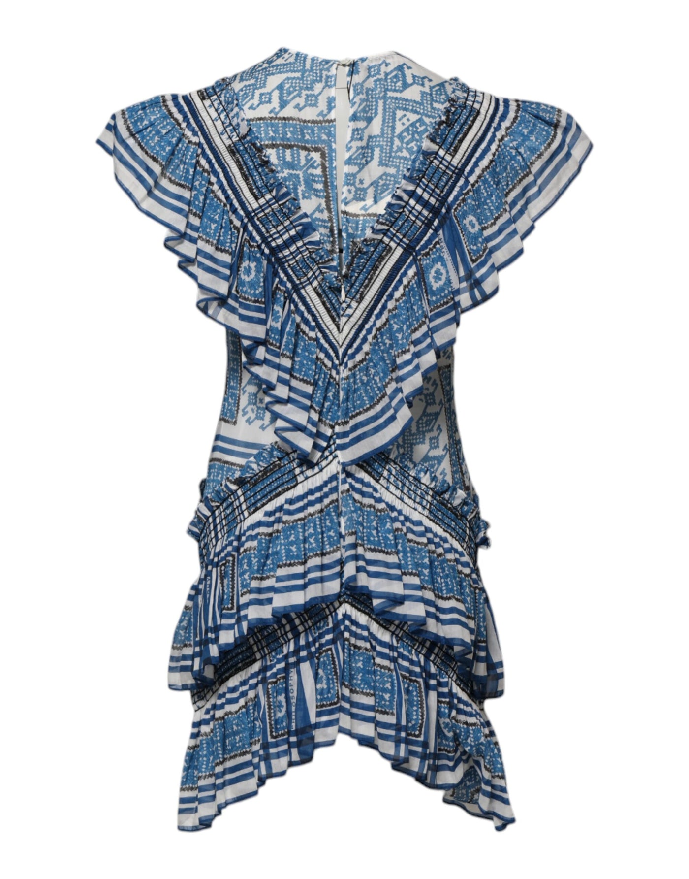Philosophy di Lorenzo Serafini Blau gemustertes mehrlagiges Minikleid mit kurzen Ärmeln