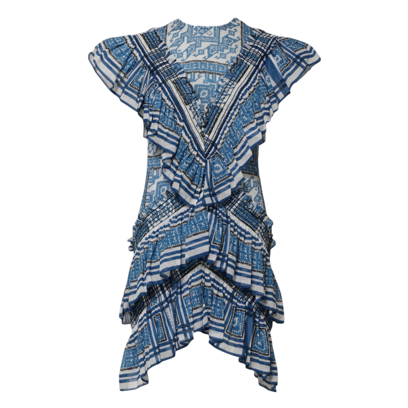Philosophy di Lorenzo Serafini Blau gemustertes mehrlagiges Minikleid mit kurzen Ärmeln
