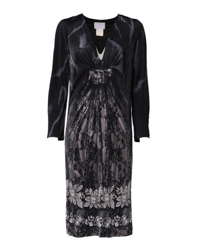 Roberto Cavalli Schwarzes geblümtes Viskose-Midikleid