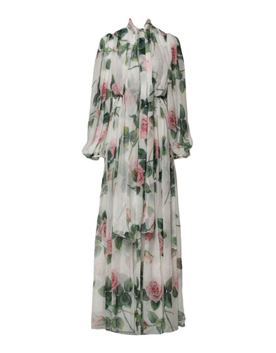 Dolce & Gabbana Weißes geblümtes Rosen Seiden Maxikleid langes Kleid