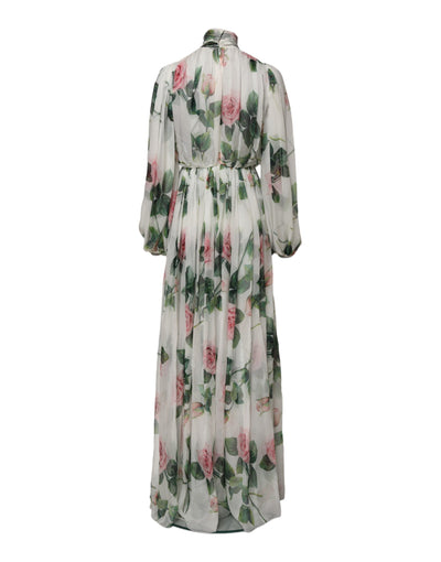 Dolce & Gabbana Weißes geblümtes Rosen Seiden Maxikleid langes Kleid