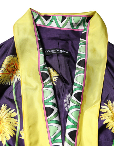 Dolce & Gabbana Blauer Seidenmantel mit Blumenmuster und langen Ärmeln zum Wickeln