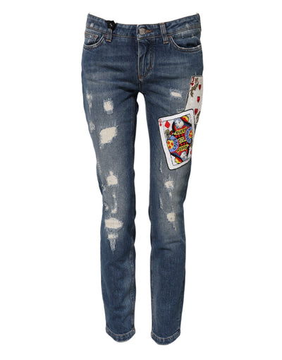 Dolce & Gabbana Blaue Spielkarten-Stickerei Skinny Denim Jeans
