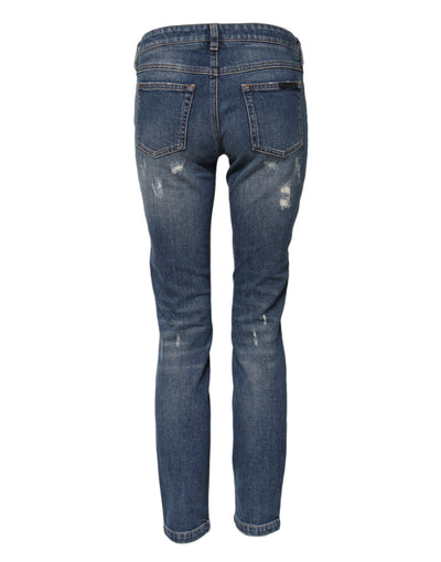 Dolce & Gabbana Blaue Spielkarten-Stickerei Skinny Denim Jeans