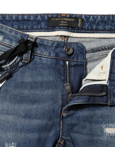 Dolce & Gabbana Blaue Spielkarten-Stickerei Skinny Denim Jeans