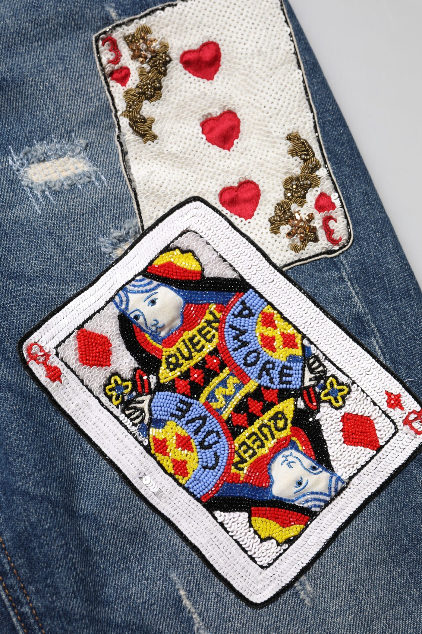 Dolce & Gabbana Blaue Spielkarten-Stickerei Skinny Denim Jeans