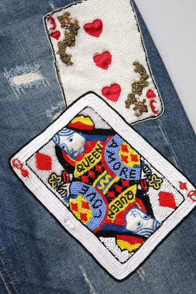 Dolce & Gabbana Blaue Spielkarten-Stickerei Skinny Denim Jeans