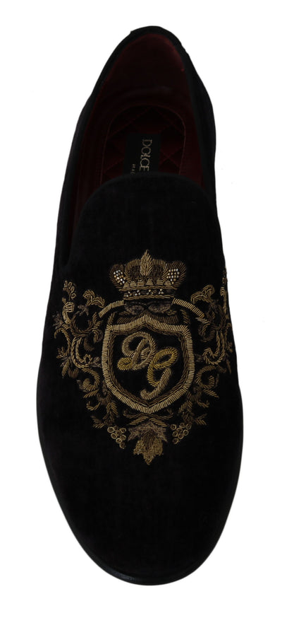 Dolce & Gabbana Loafers Schwarzer Samt Goldkrone