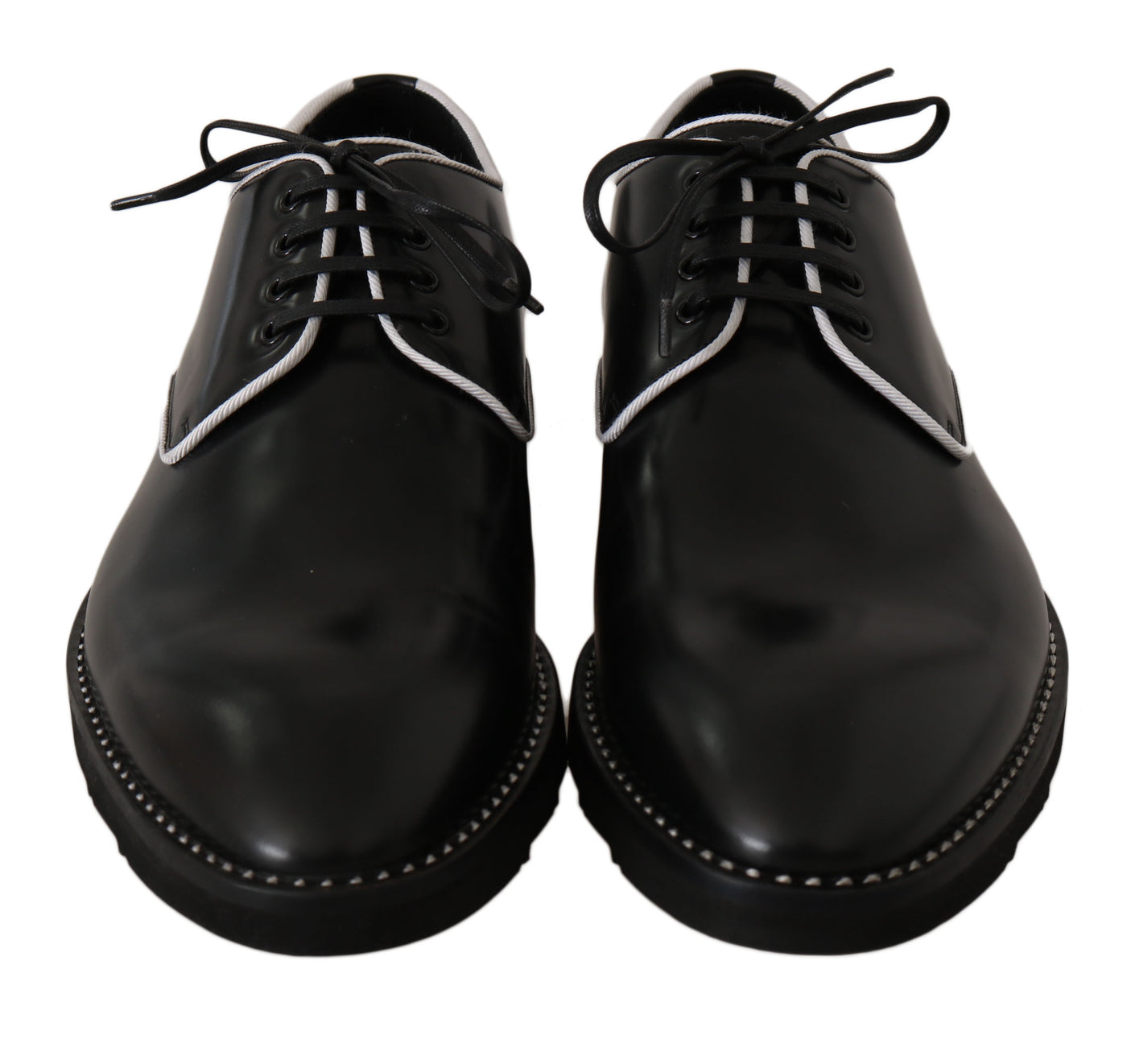 Dolce & Gabbana Schwarzes Leder Weiße Linie Kleid Derby Schuhe