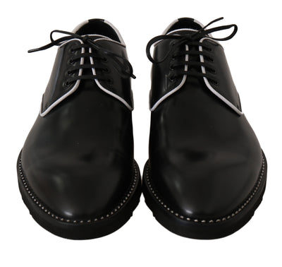 Dolce & Gabbana Schwarzes Leder Weiße Linie Kleid Derby Schuhe