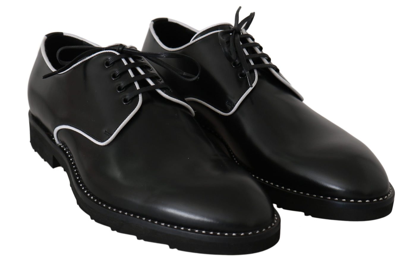 Dolce & Gabbana Schwarzes Leder Weiße Linie Kleid Derby Schuhe