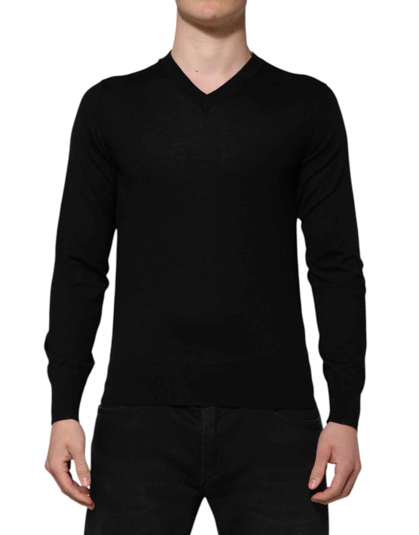 Dolce & Gabbana Schwarzes Kaschmir-T-Shirt mit V-Ausschnitt und langen Ärmeln