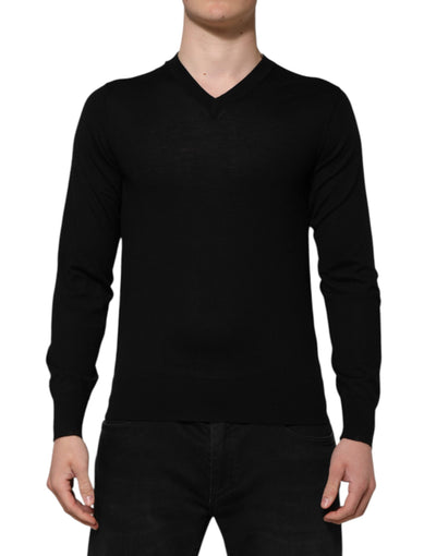 Dolce & Gabbana Schwarzes Kaschmir-T-Shirt mit V-Ausschnitt und langen Ärmeln