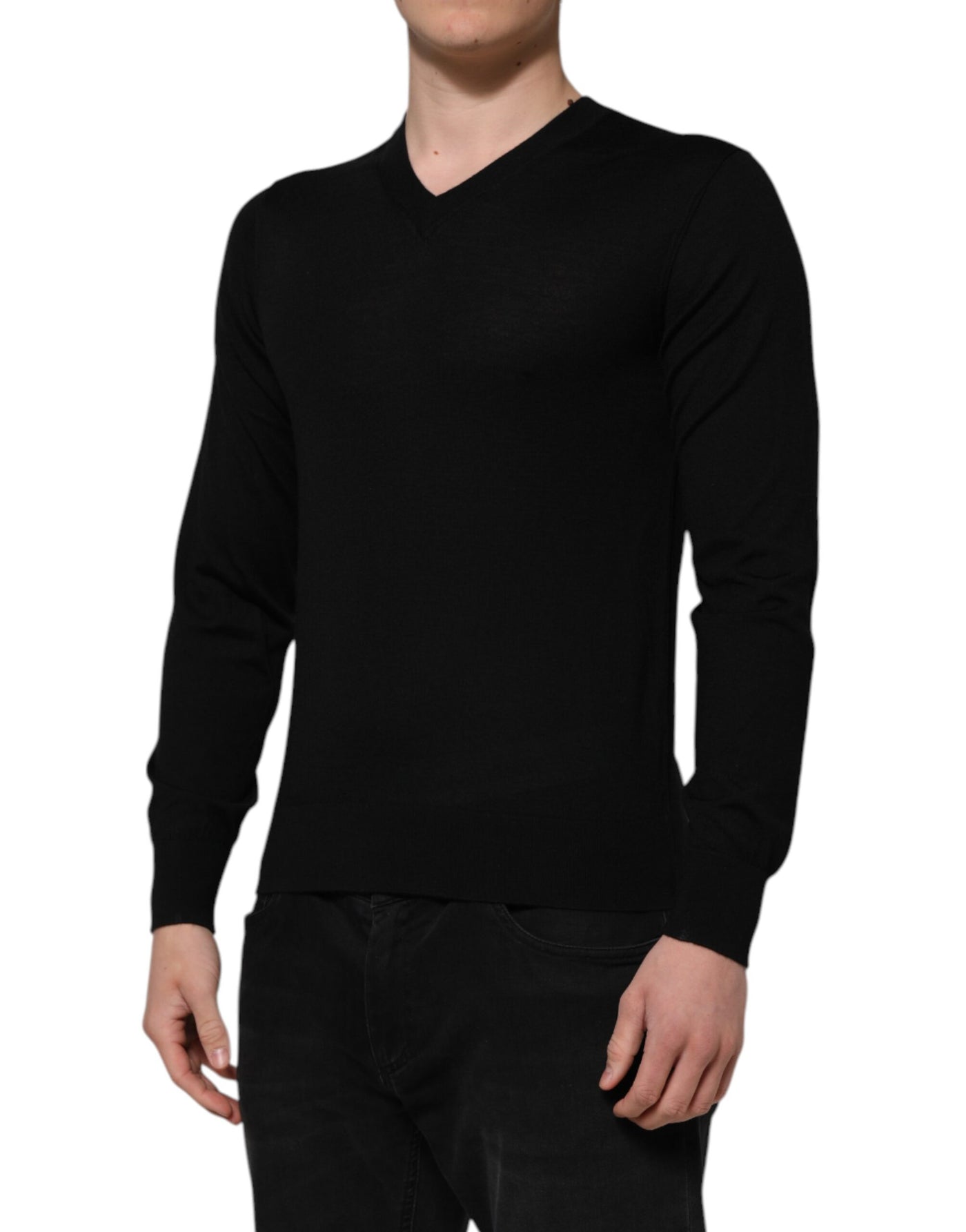 Dolce & Gabbana Schwarzes Kaschmir-T-Shirt mit V-Ausschnitt und langen Ärmeln