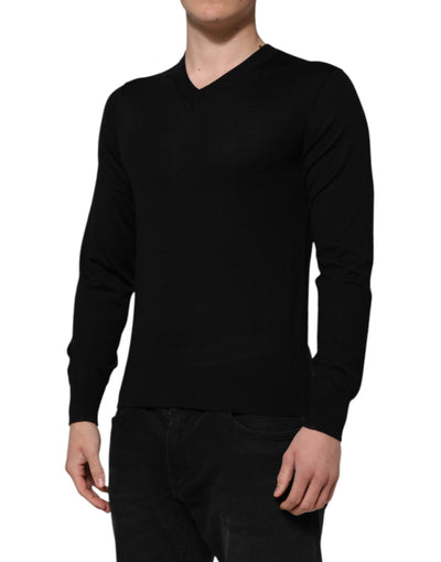 Dolce & Gabbana Schwarzes Kaschmir-T-Shirt mit V-Ausschnitt und langen Ärmeln
