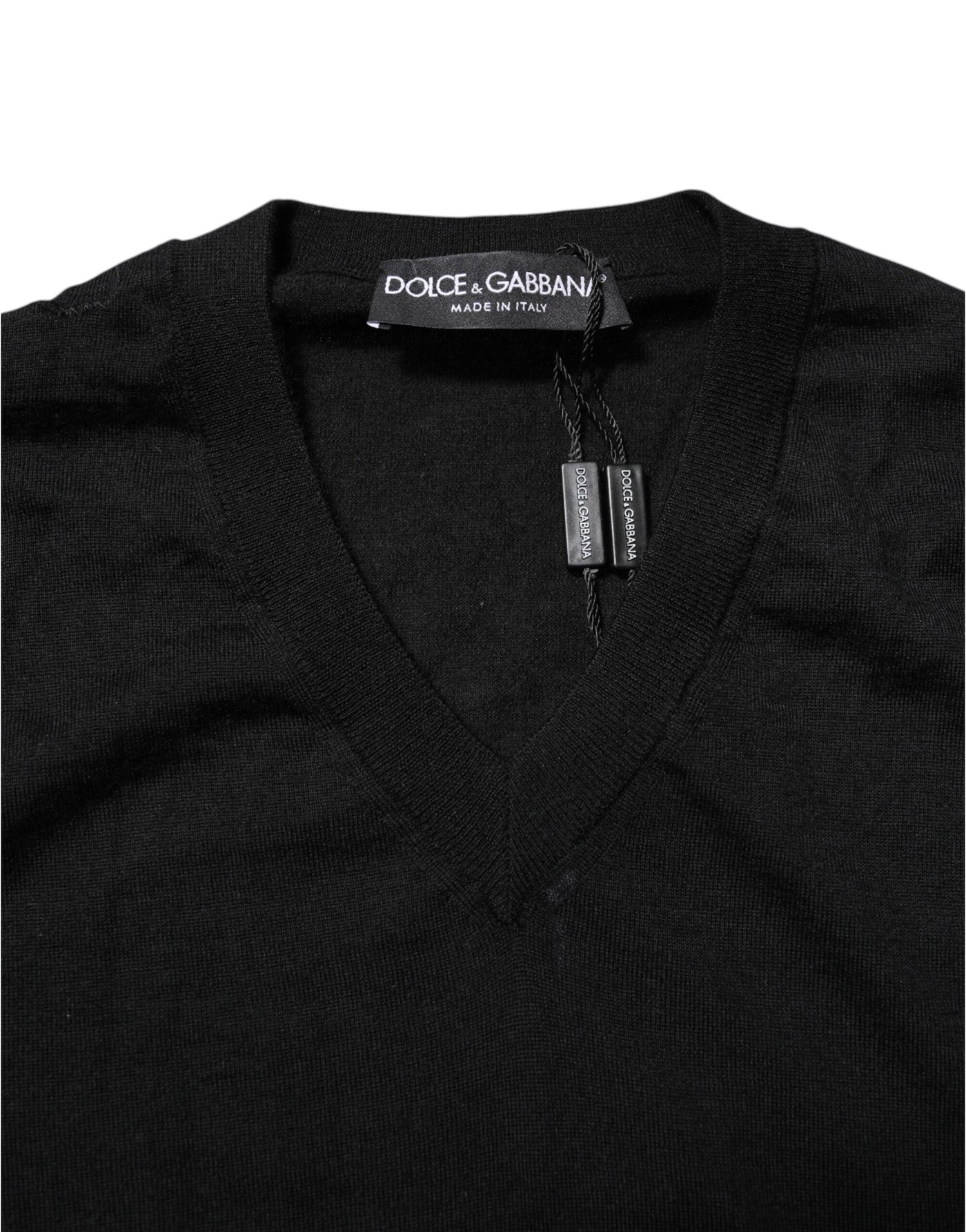 Dolce & Gabbana Schwarzes Kaschmir-T-Shirt mit V-Ausschnitt und langen Ärmeln