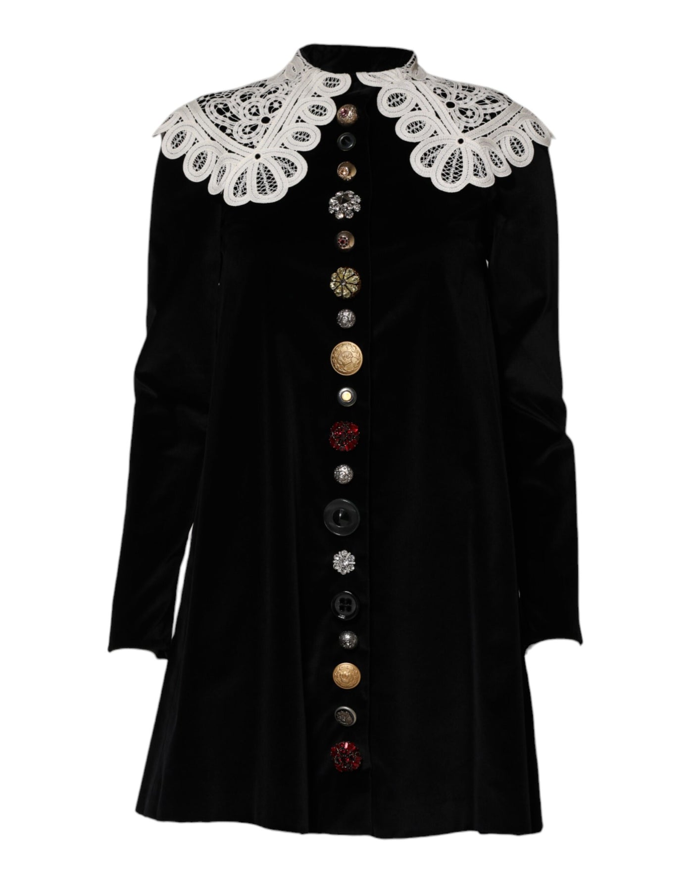 Dolce & Gabbana Schwarzes Kleid mit Spitzenkragen und Verzierungen aus Samt