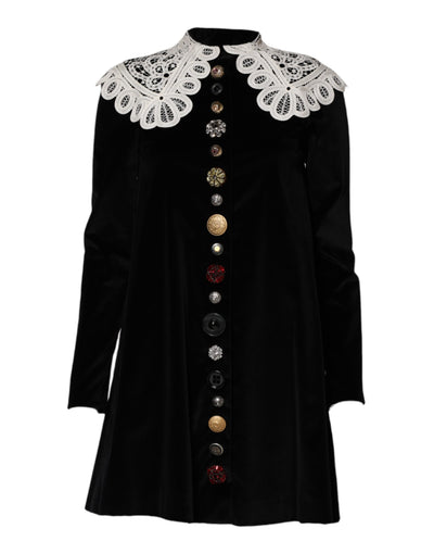 Dolce & Gabbana Schwarzes Kleid mit Spitzenkragen und Verzierungen aus Samt