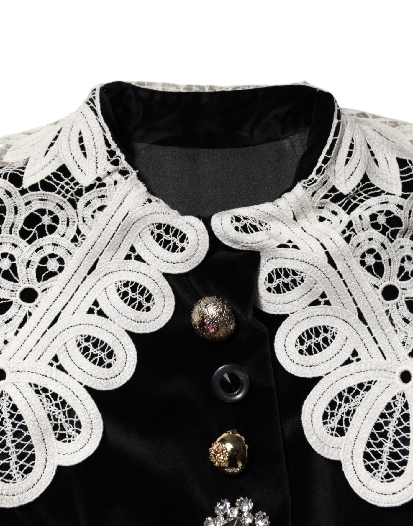 Dolce & Gabbana Schwarzes Kleid mit Spitzenkragen und Verzierungen aus Samt