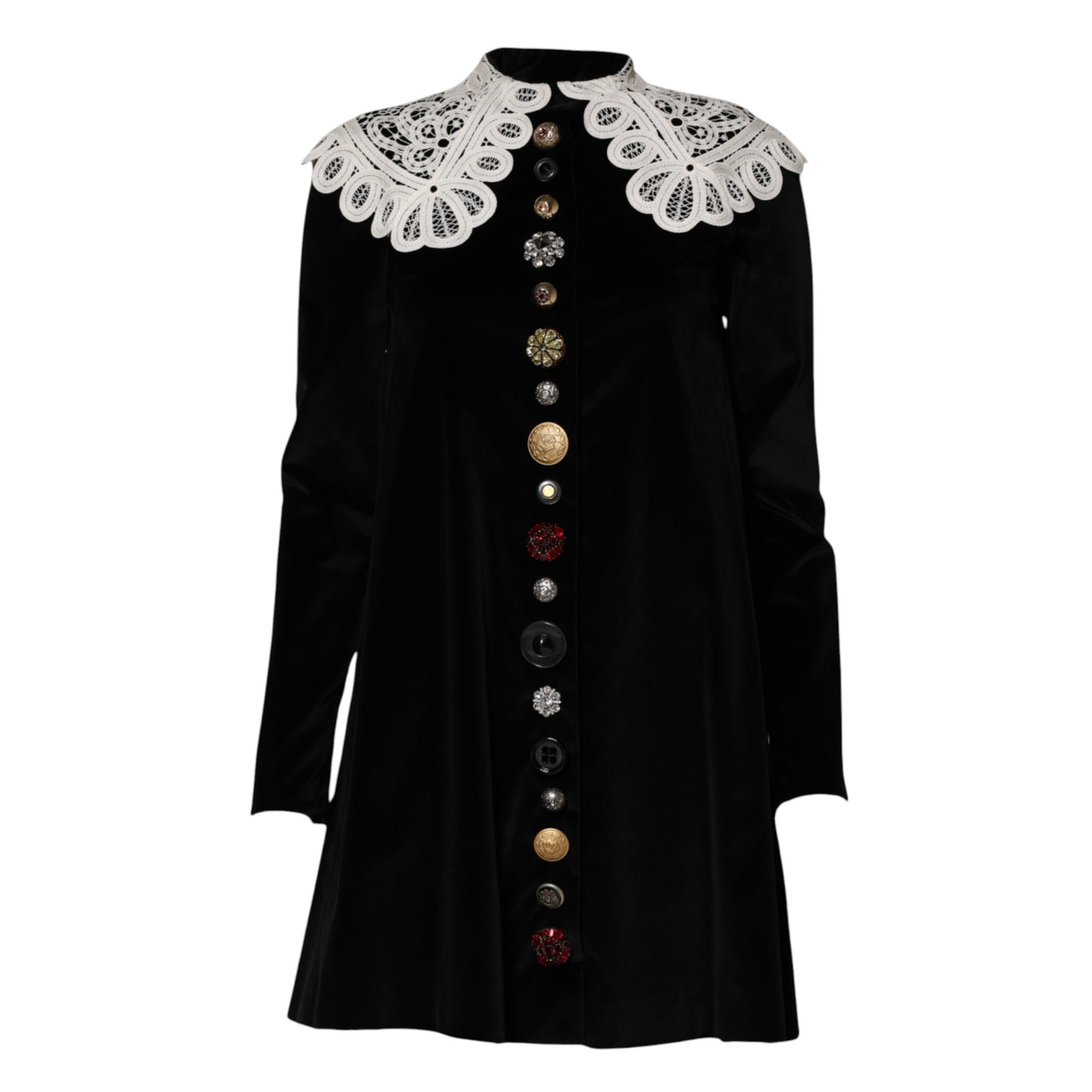 Dolce & Gabbana Schwarzes Kleid mit Spitzenkragen und Verzierungen aus Samt