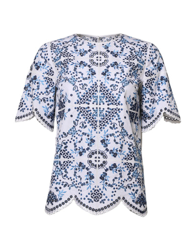 Dolce & Gabbana Blaues Blusentop mit Rundhalsausschnitt und Spitzenösen