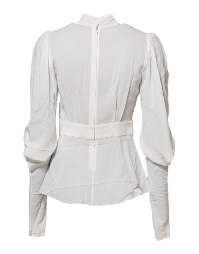 Dolce & Gabbana Weißes Viskose-Top mit Ascot-Kragen und langen Ärmeln
