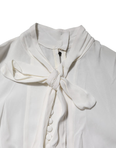 Dolce & Gabbana Weißes Viskose-Top mit Ascot-Kragen und langen Ärmeln