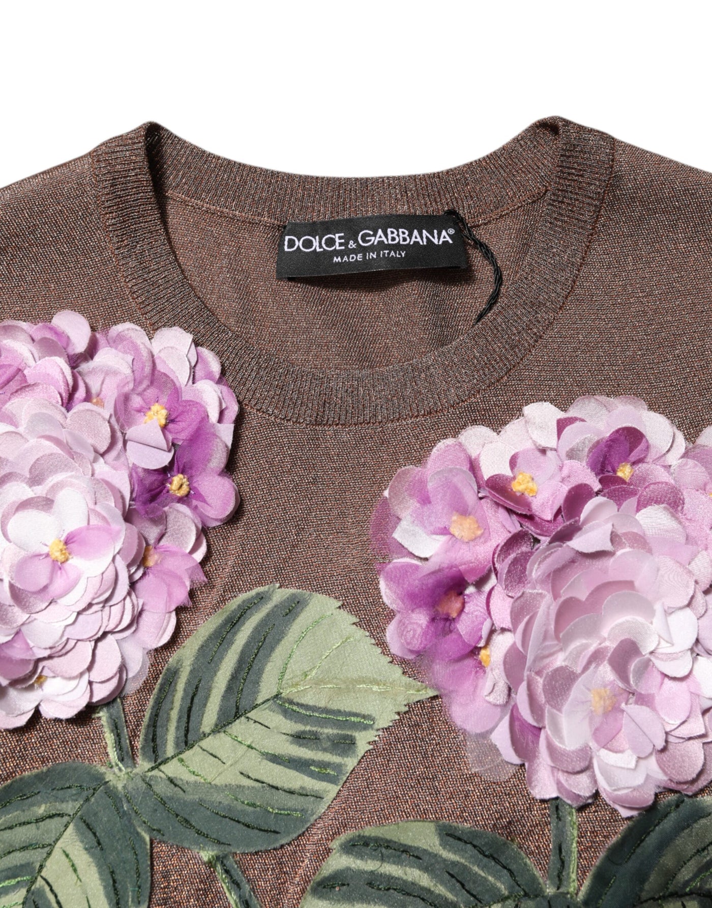 Dolce & Gabbana Braunes Lily verschönertes Blusentop mit Rundhalsausschnitt