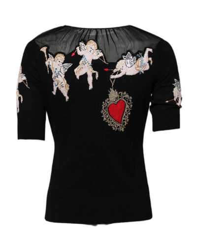 Dolce & Gabbana Schwarzes Sacred Heart besticktes Top mit Rundhalsausschnitt