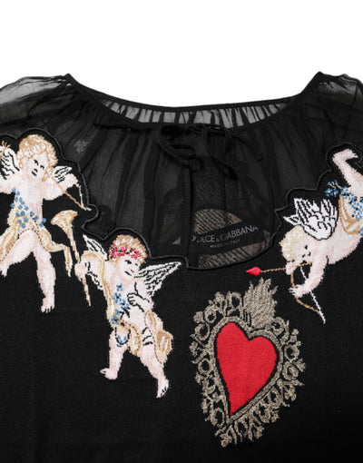 Dolce & Gabbana Schwarzes Sacred Heart besticktes Top mit Rundhalsausschnitt