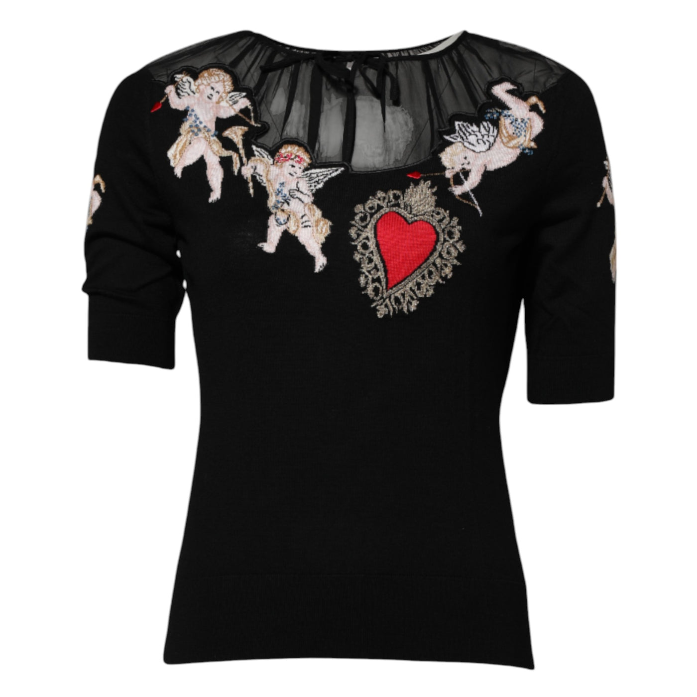 Dolce & Gabbana Schwarzes Sacred Heart besticktes Top mit Rundhalsausschnitt
