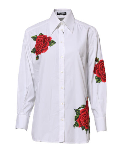 Dolce & Gabbana Weißes Hemd mit Rosenstickerei und Kragen