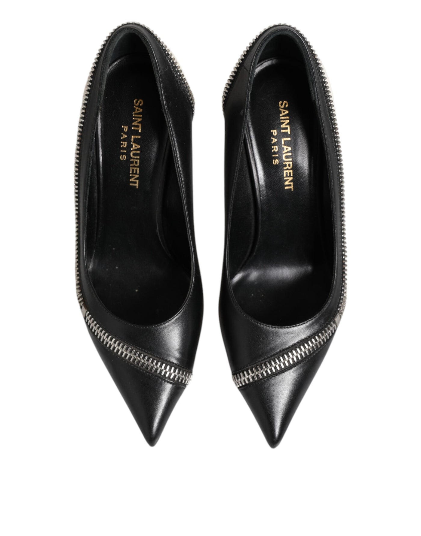 Saint Laurent Weißes Schwarzes Leder Spitz zulaufende Absätze Schuhe