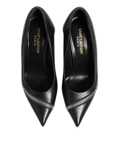 Saint Laurent Weißes Schwarzes Leder Spitz zulaufende Absätze Schuhe