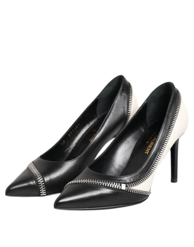 Saint Laurent Weißes Schwarzes Leder Spitz zulaufende Absätze Schuhe
