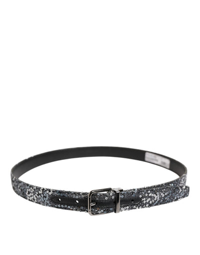 Dolce & Gabbana Schwarzer Pailletten Silber Metall Logo Schnalle Gürtel