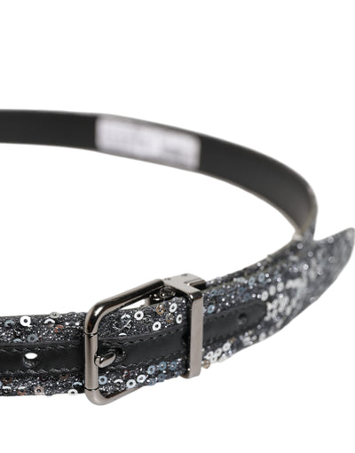 Dolce & Gabbana Schwarzer Pailletten Silber Metall Logo Schnalle Gürtel