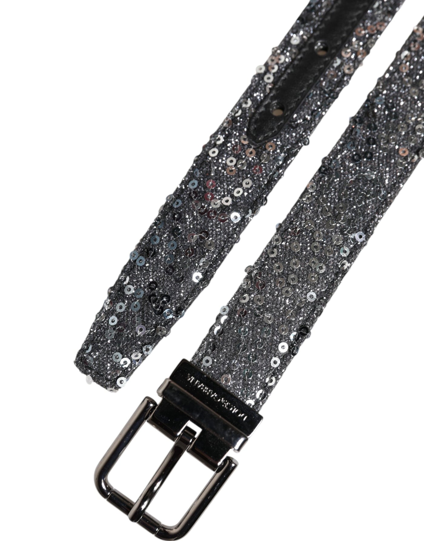 Dolce & Gabbana Schwarzer Pailletten Silber Metall Logo Schnalle Gürtel