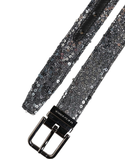Dolce & Gabbana Schwarzer Pailletten Silber Metall Logo Schnalle Gürtel