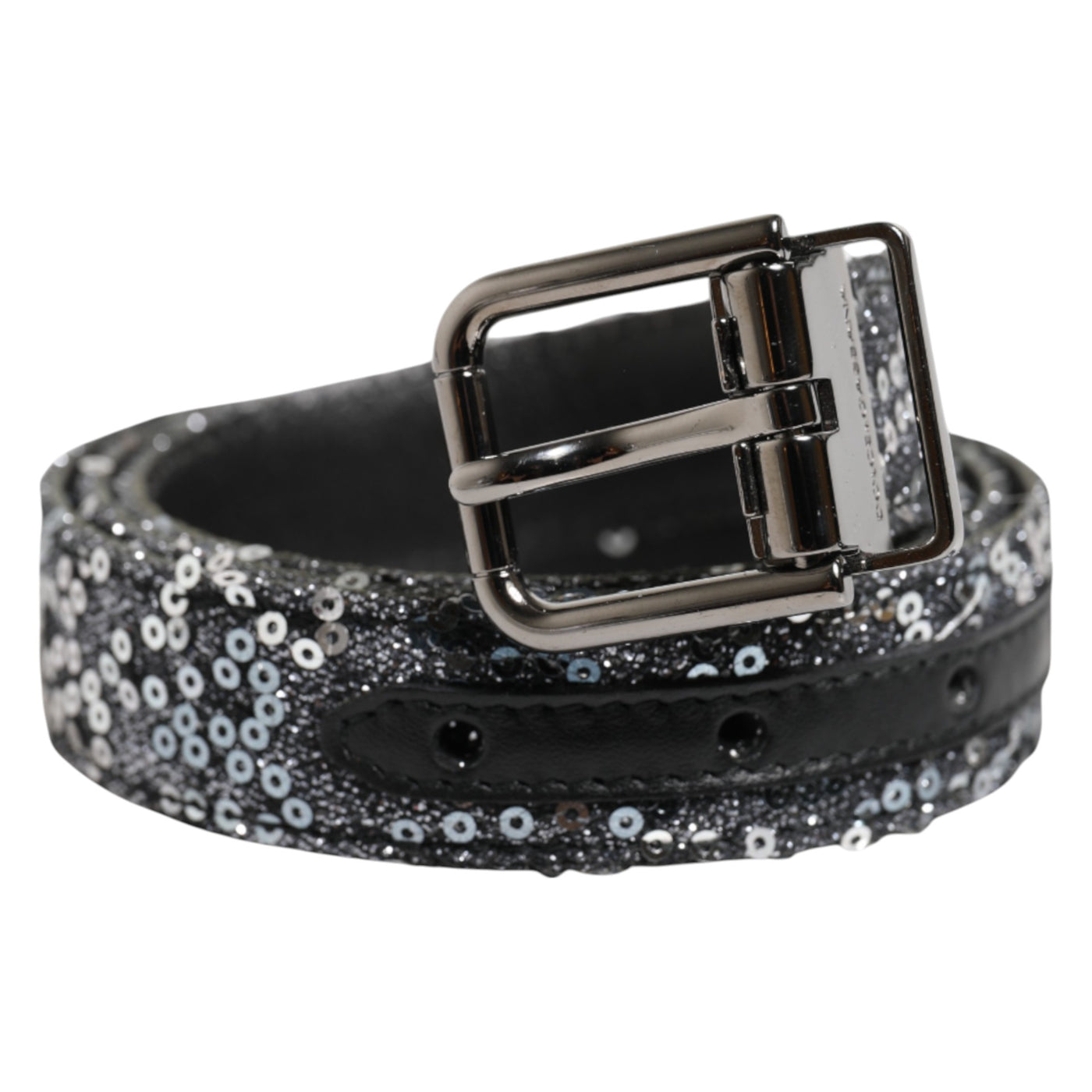 Dolce & Gabbana Schwarzer Pailletten Silber Metall Logo Schnalle Gürtel