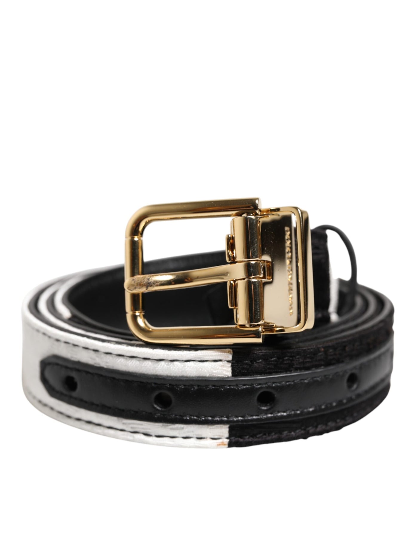 Dolce & Gabbana Schwarzer weißer Patchworkgürtel mit goldener Metallschnalle