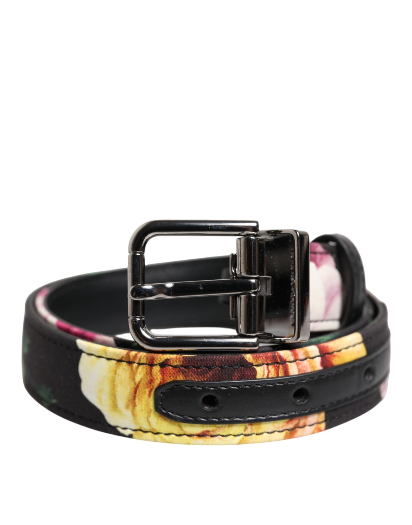 Dolce & Gabbana Schwarzer floraler Brokatgürtel mit silberner Metallschnalle